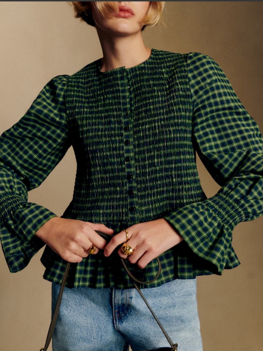 Sezane Deidra Shirt Blue And Green Checks- Pink Creation - Size 6